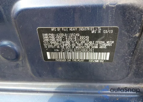 2013 Subaru Impreza 2.0I Sport Premium из США, поврежденный, VIN JF1GPAL60D2866281